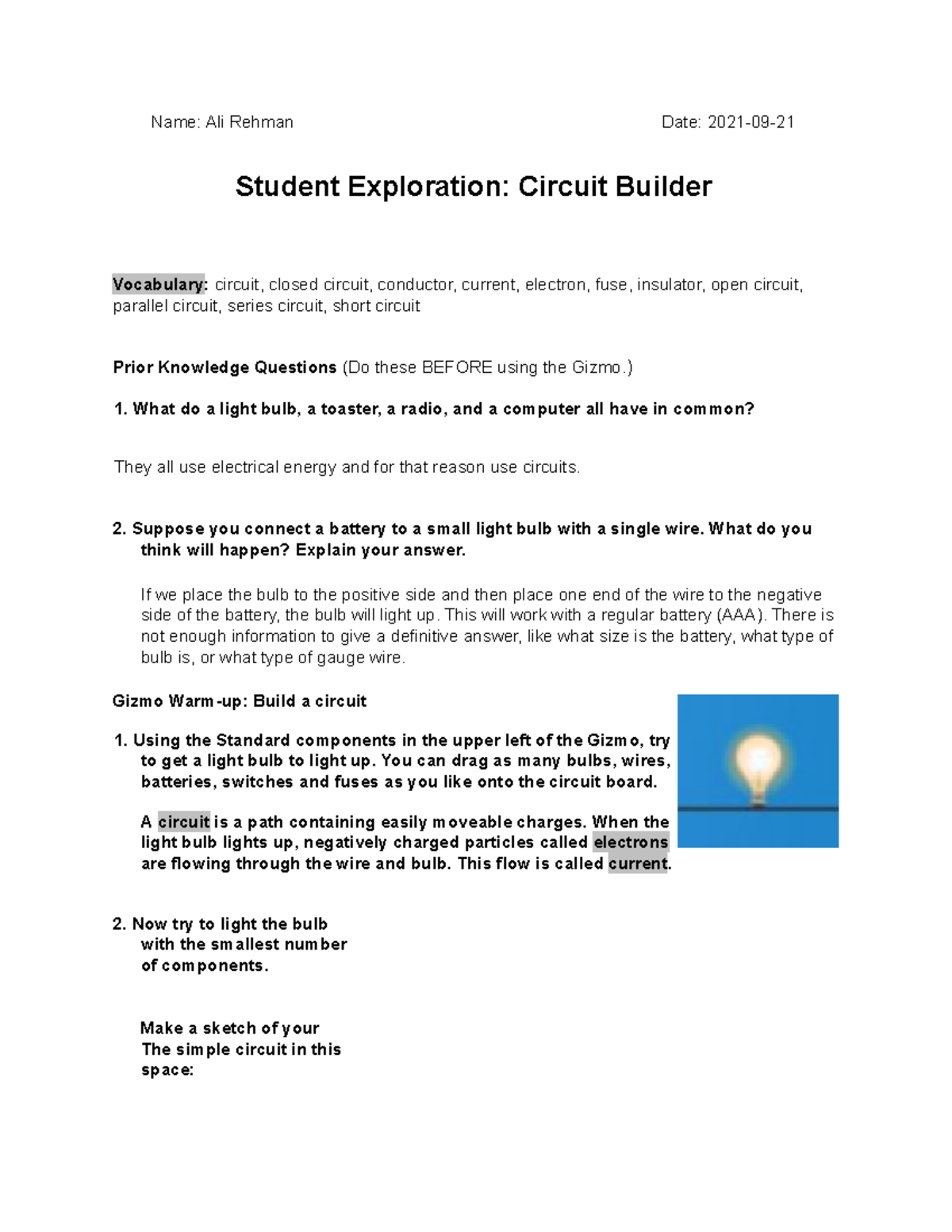 Gizmo Circuit Builder Answers