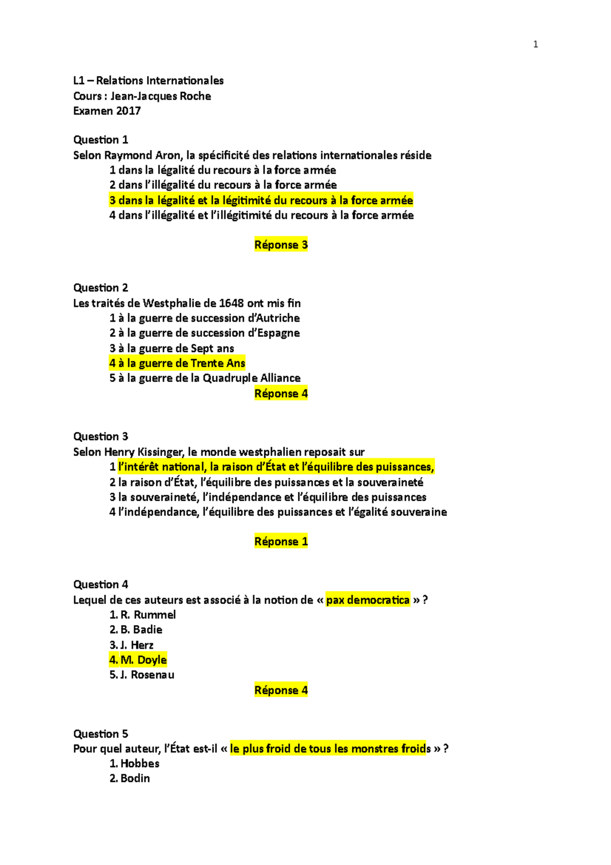 QCM L1 RI Roche - Annales RI - L1 – Relations Internationales Cours ...