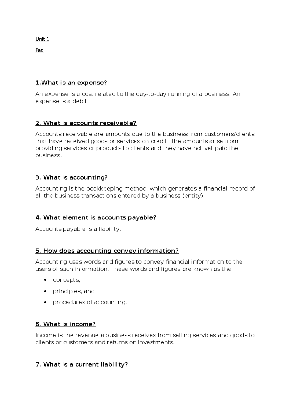 FAC unit 01 q and a - Unit 1 Fac 1 is an expense? An expense is a cost ...