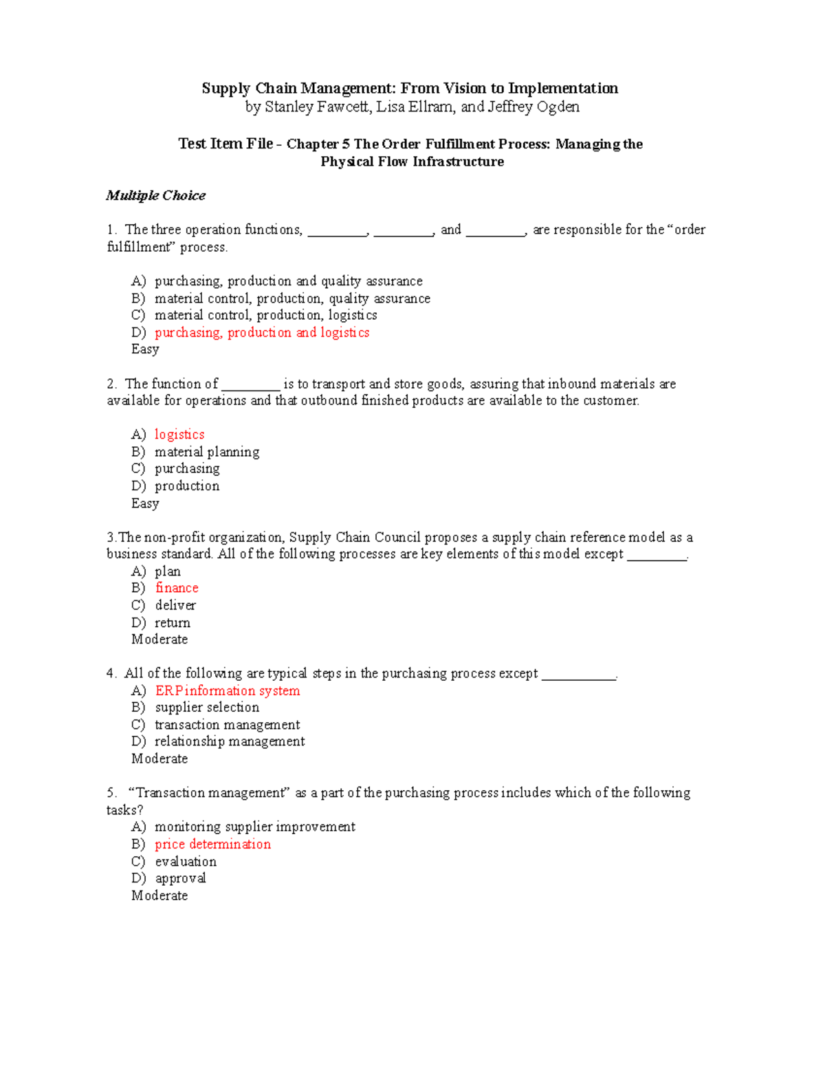 SCM-Ch - Test questions - Supply Chain Management: Sourcing och 