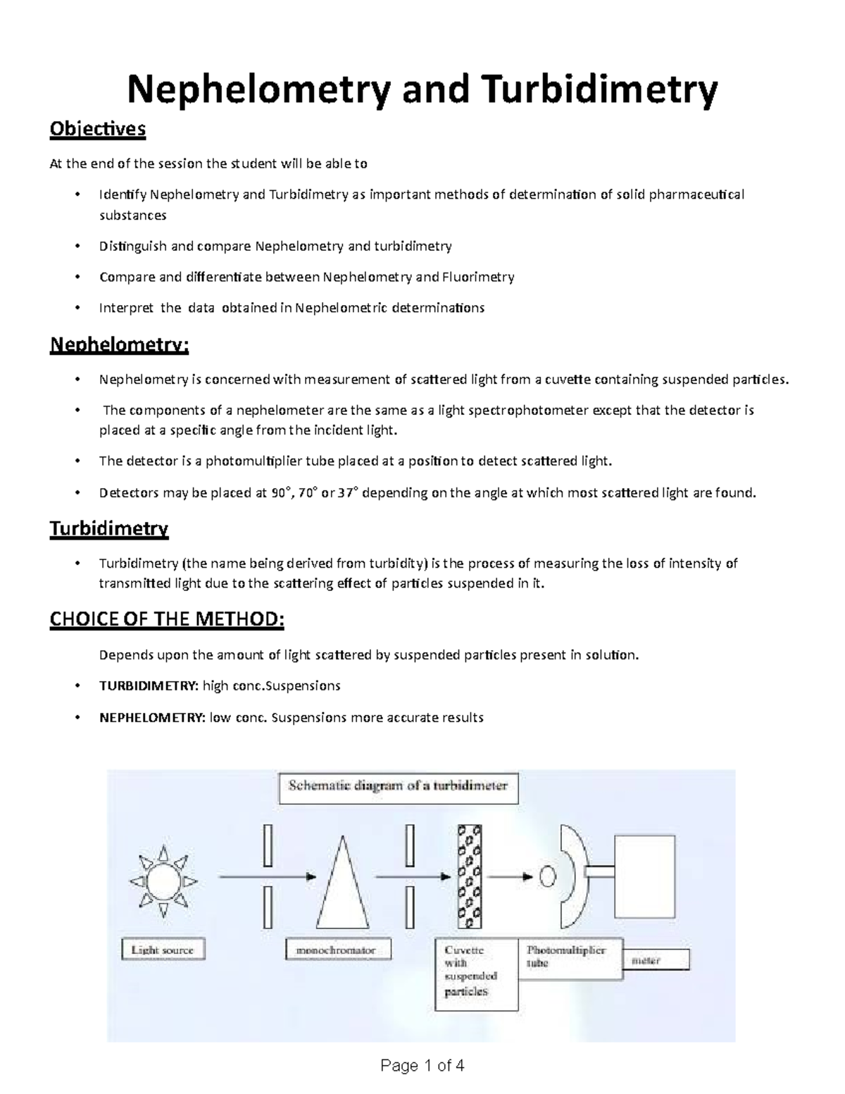 Chapter 13 Nepheloturbidimetry Page 1 of 4 Nephelometry and Turbidimetry Objectives At the