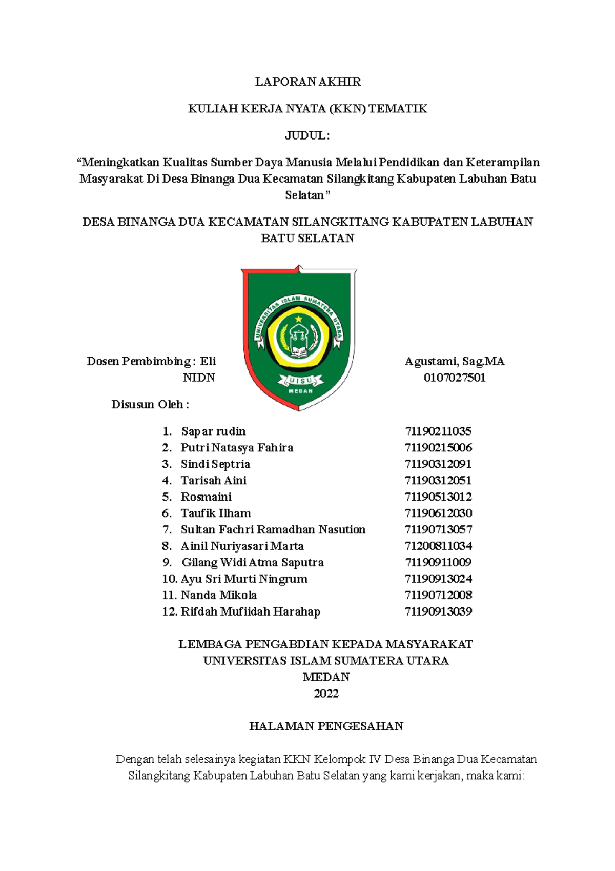 Laporan Akhir Kelompok IV KKN UISU DESA Binanga DUA - LAPORAN AKHIR ...