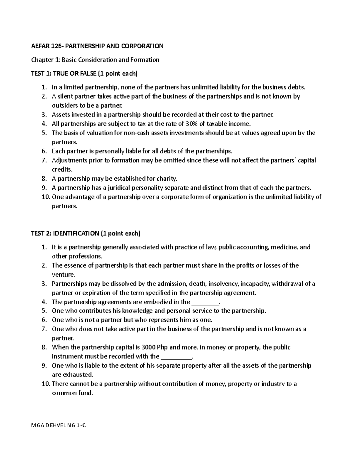 Practice TEST Parcor CHAP 1 - AEFAR 126- PARTNERSHIP AND CORPORATION ...