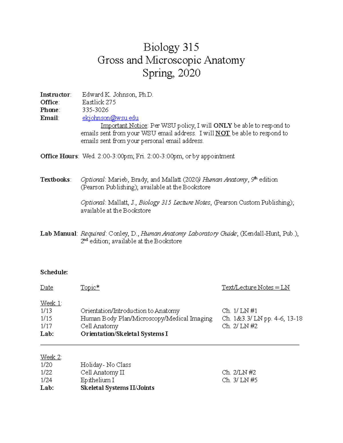 Biology 315 Syllabus- Spring, 2020 - Biology 315 Gross and Microscopic ...