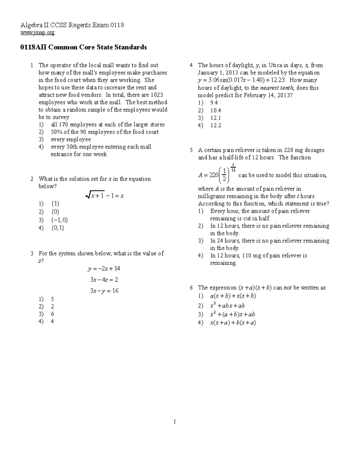 0118Exam AII EV - Ndfsvsvrfsrgbv - Algebra II CCSS Regents Exam 0118 ...