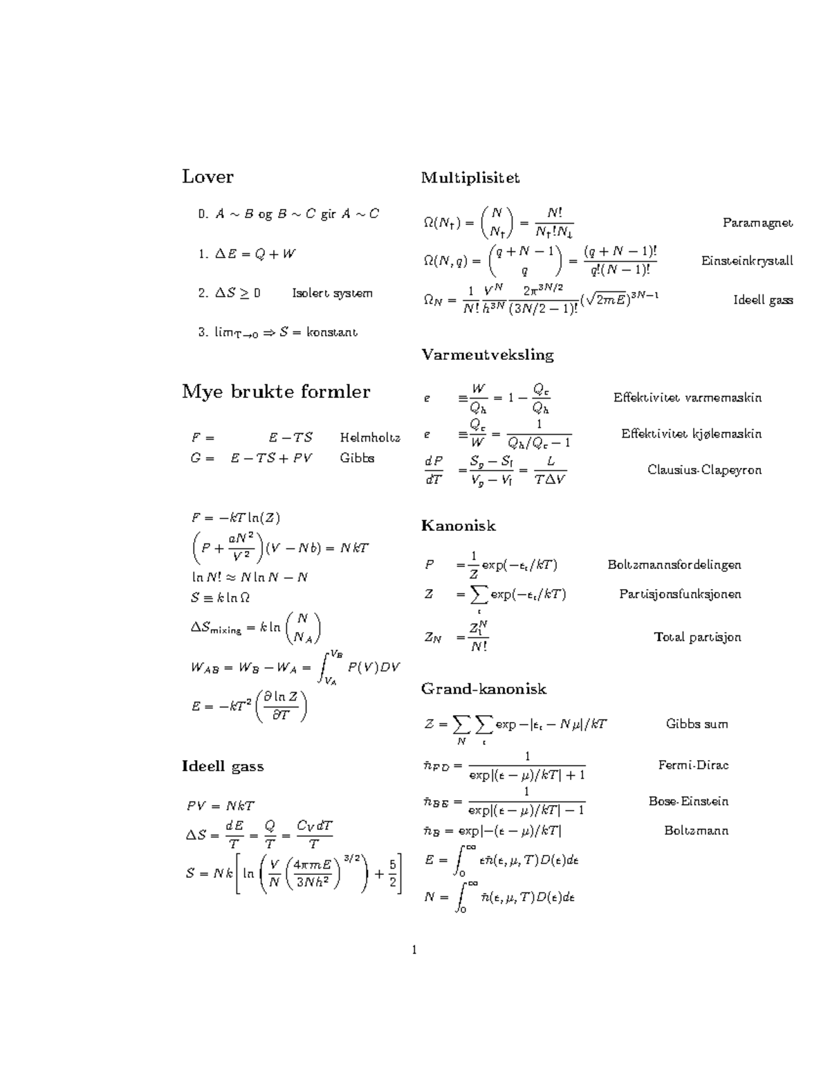 Formelark - Sammendrag Termodynamikk Og Statistisk Fysikk - Lover A ∼ B ...