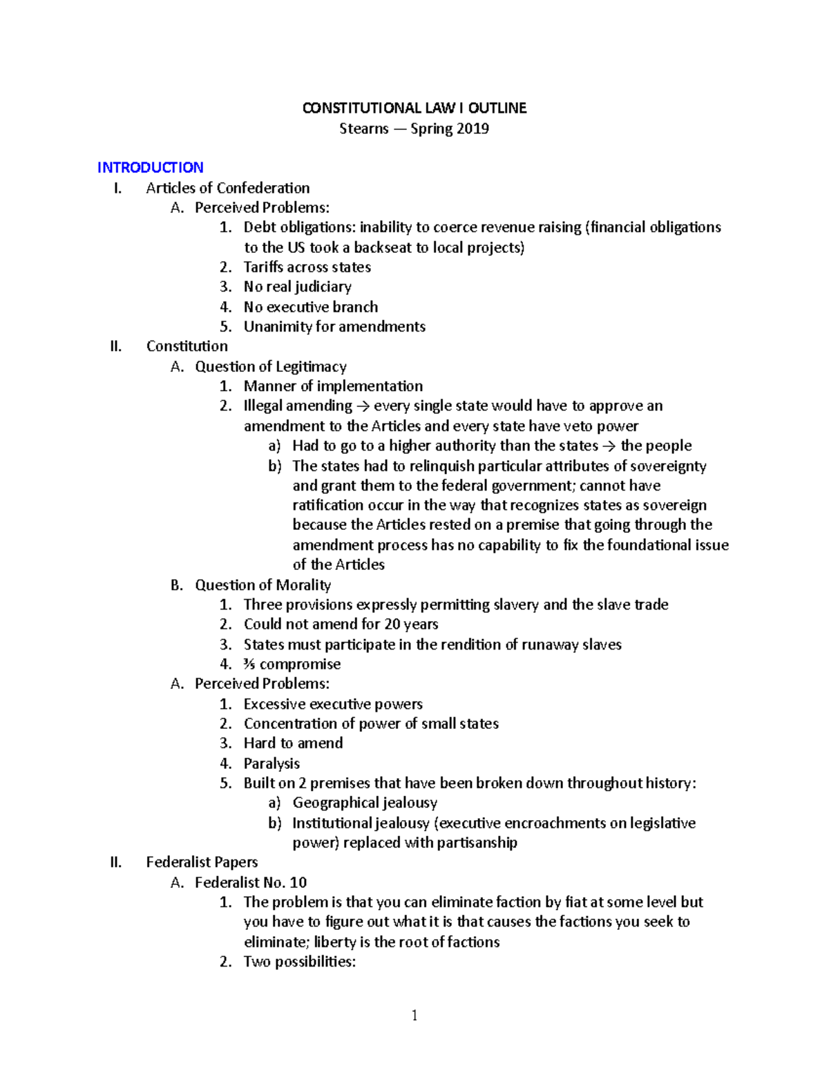 Con Law I Outline - CONSTITUTIONAL LAW I OUTLINE Stearns — Spring 2019 ...