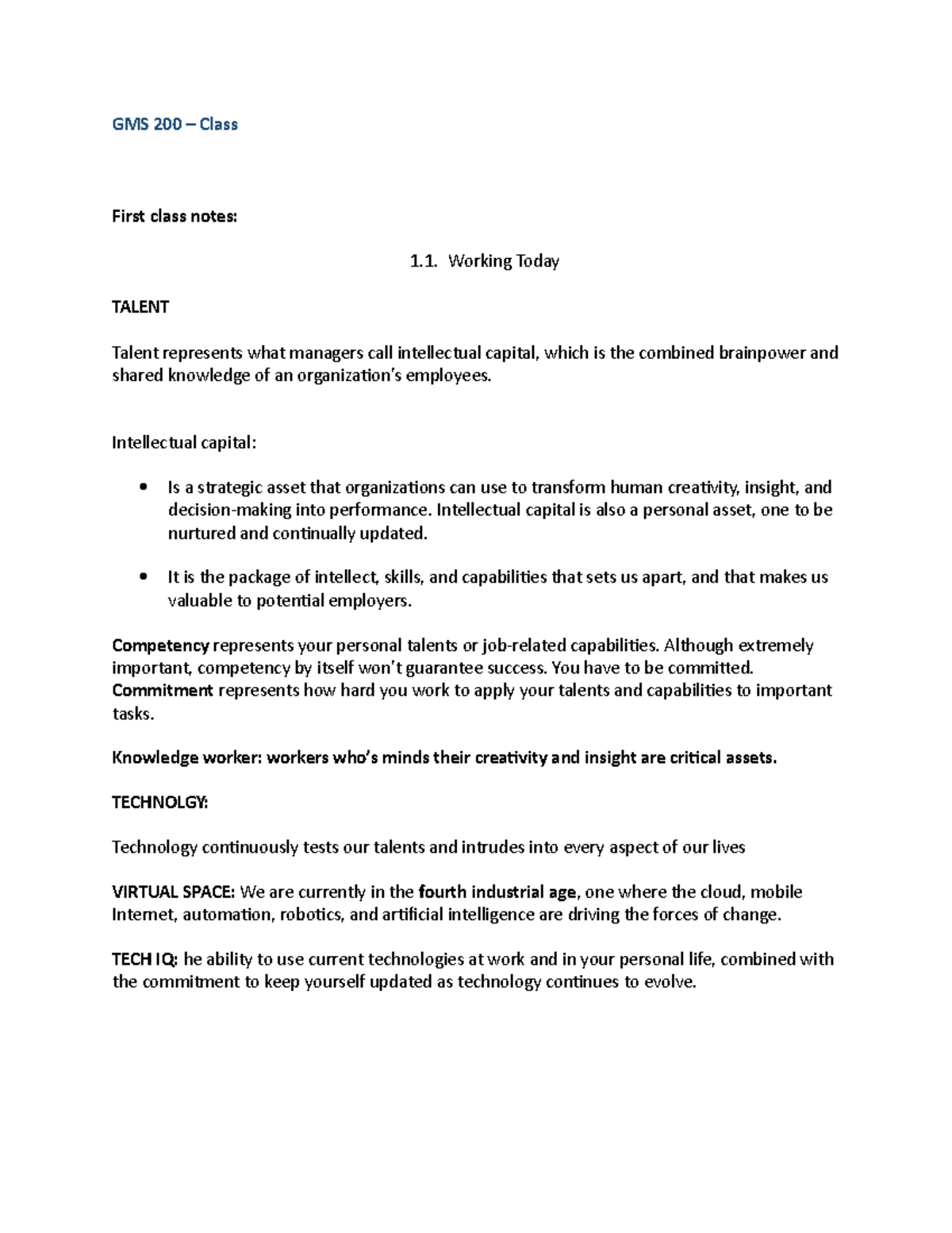 GMS 200 - Class notes - GMS 200 – Class First class notes: Working ...
