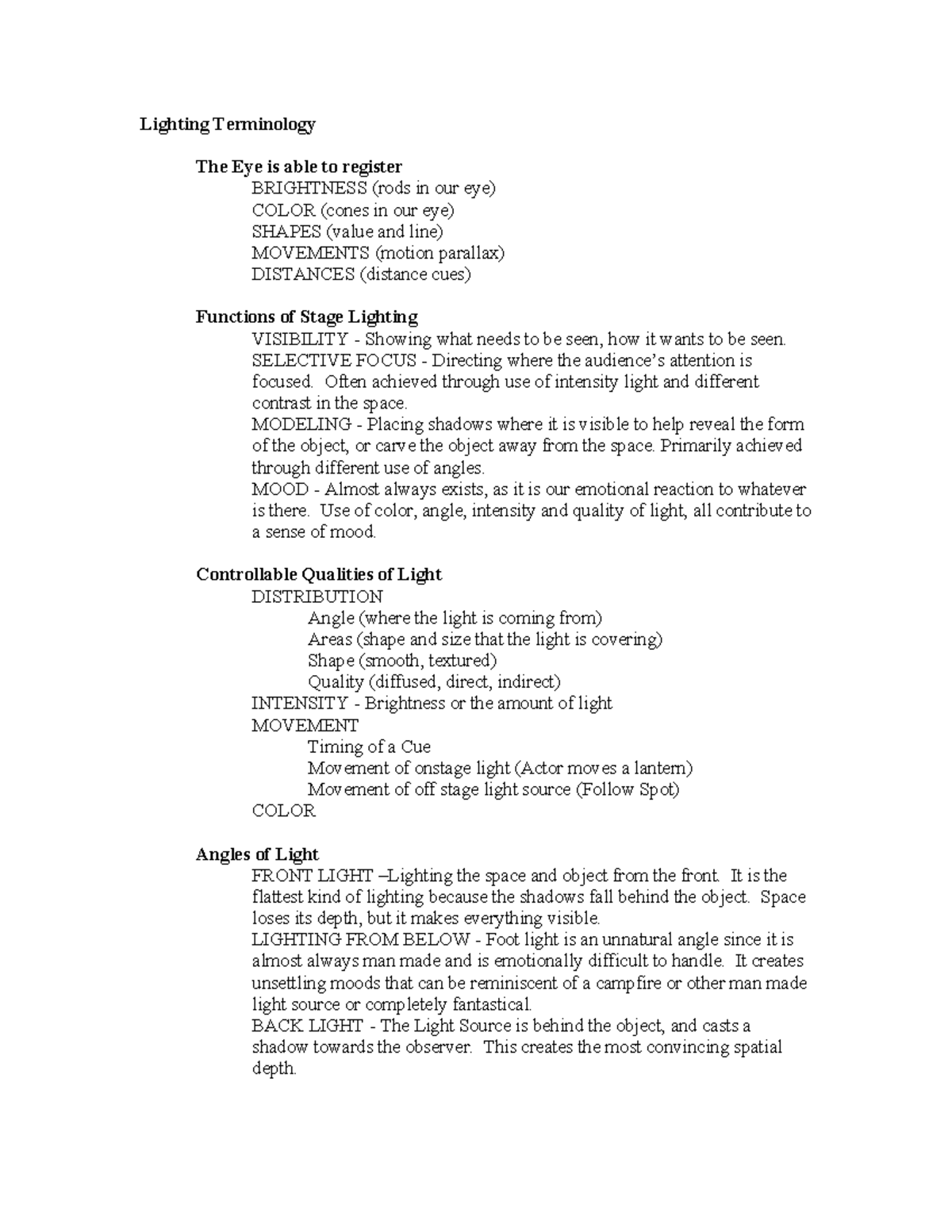Lighting Terminology Summary Introduction to Theatrical Production