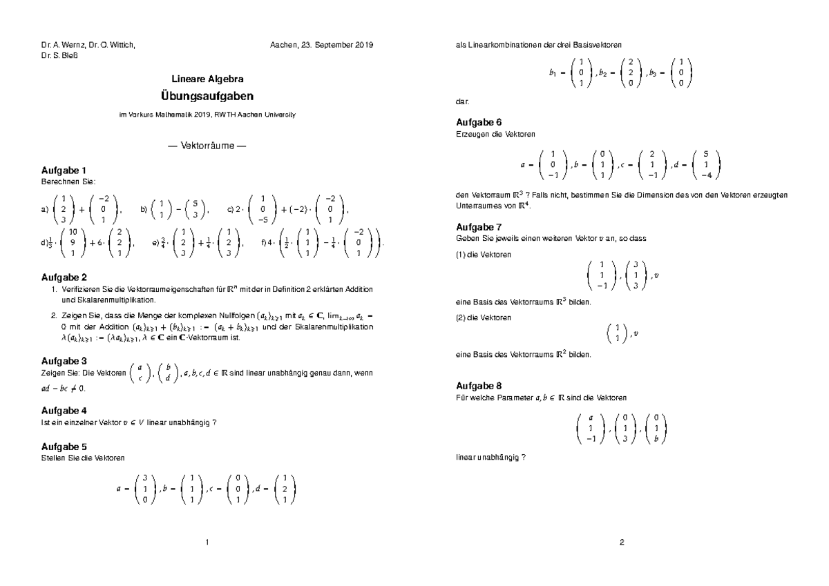 Übungsaufgaben+Lineare+Algebra+(Druckversion) - Dr. A, Dr. O. Wittich ...