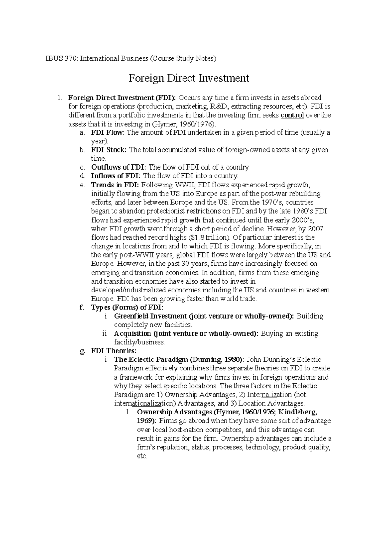 FDI Notes - IBUS 370: International Business (Course Study Notes ...