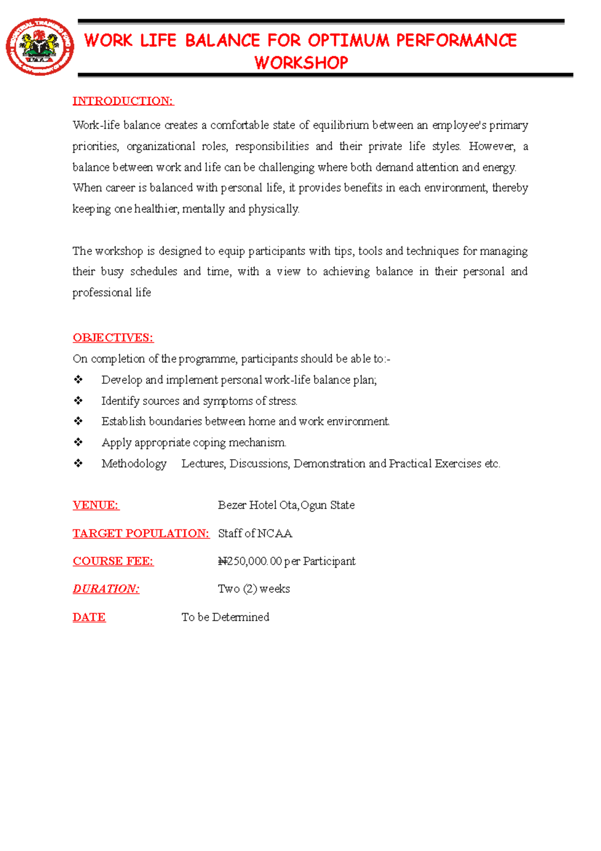 WORK LIFE Balance FOR Optimum Performance Workshop - WORK LIFE BALANCE ...