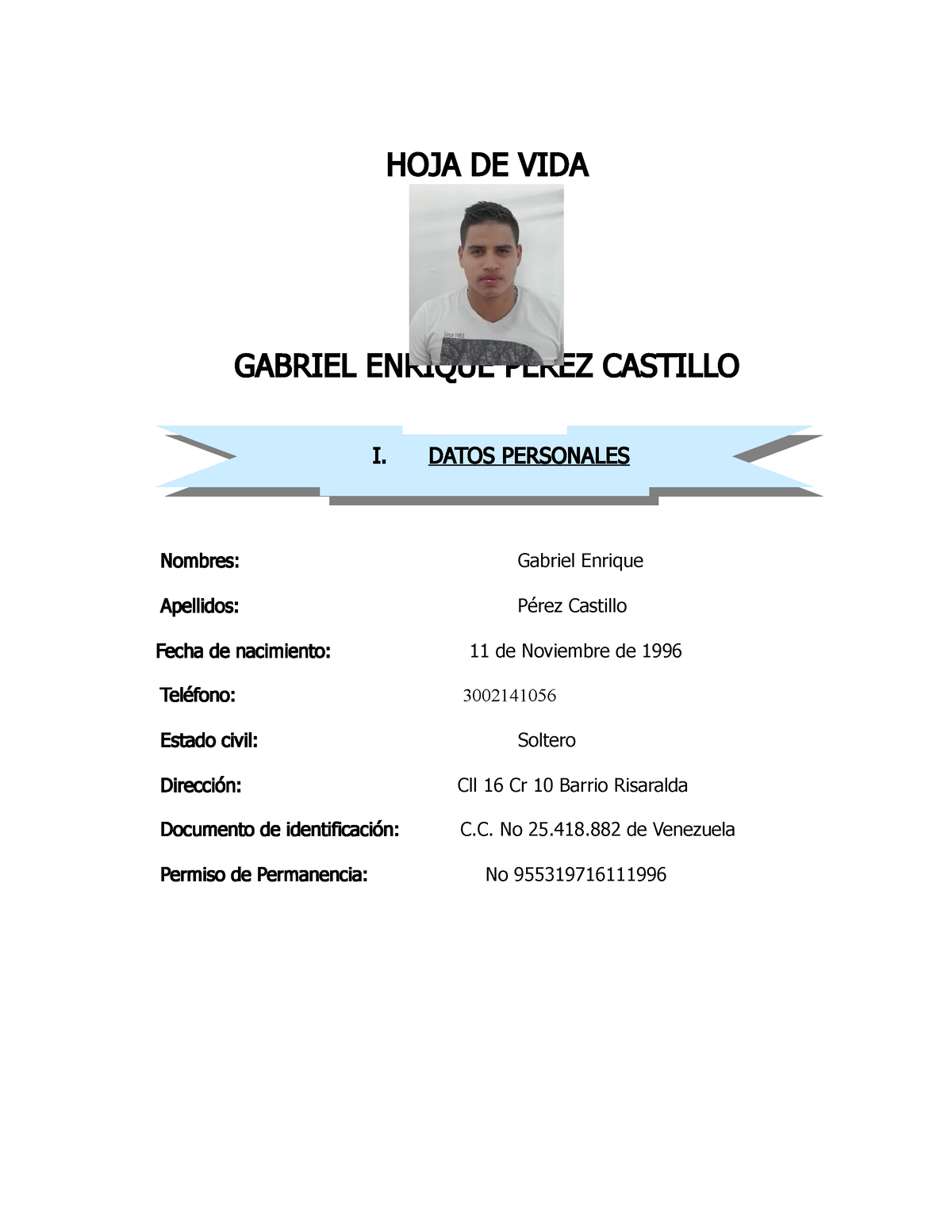 Gabriel Hoja De Vida 2023 Hoja De Vida Gabriel Enrique Perez Castillo I Datos Personales 0547