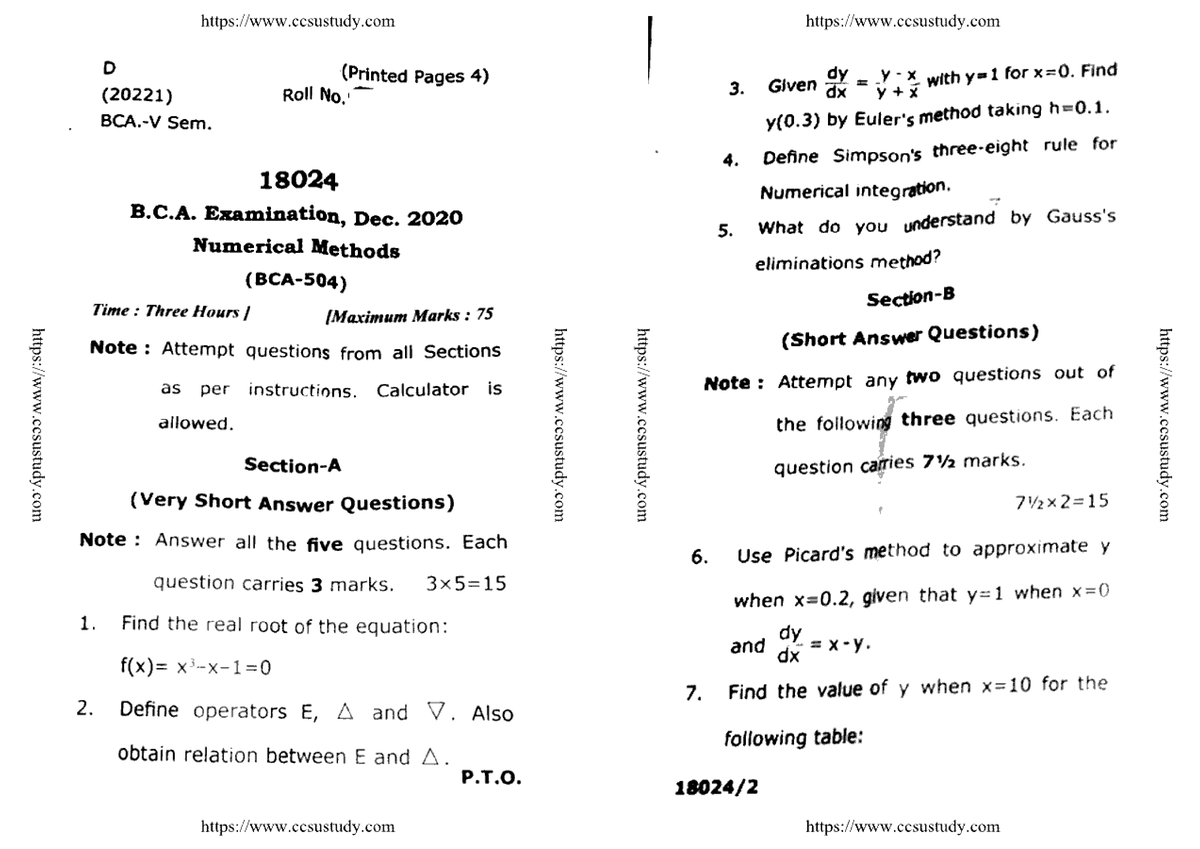 Bca 5 Sem Numerical Methods 18024 Dec 2020 - Bachleors Of Computer ...