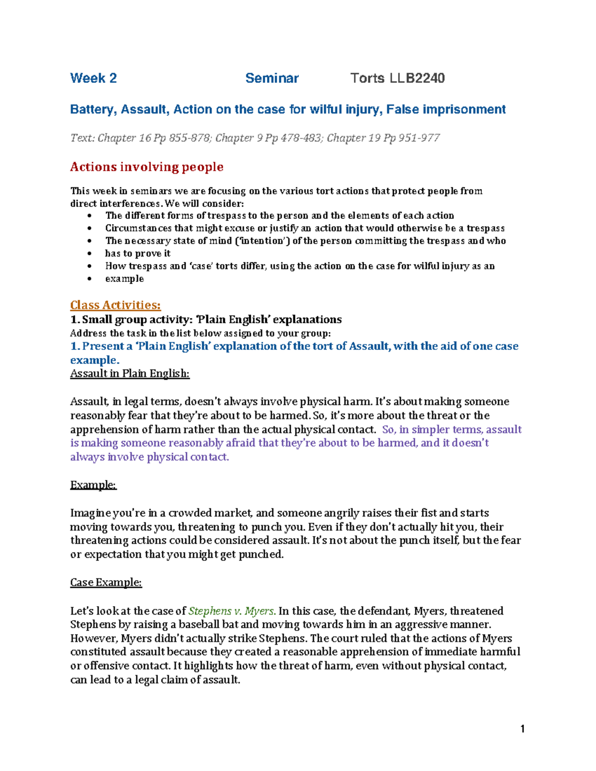 Week 2 Seminar questions and answers 2024 Torts LLB2240 - Week 2 ...