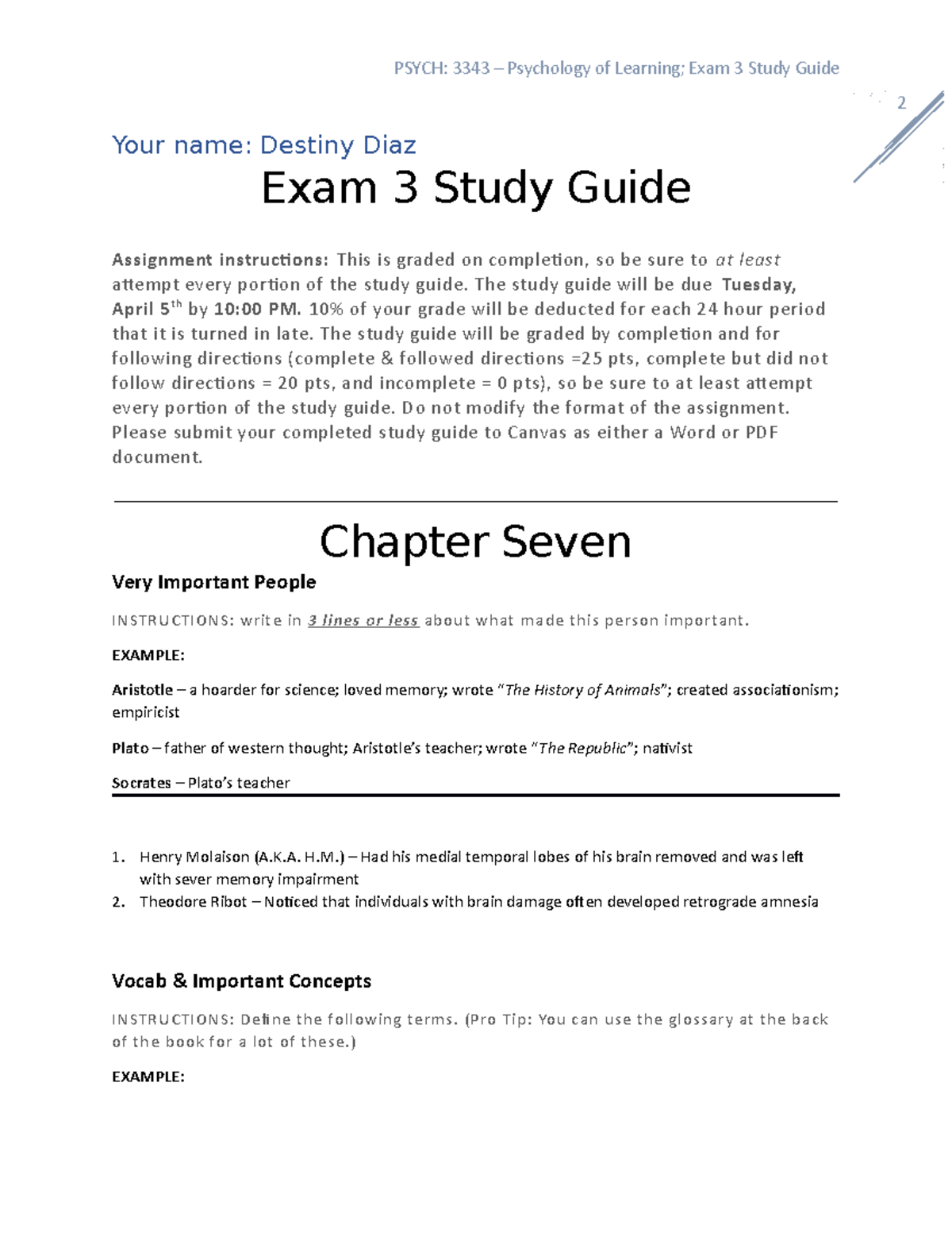 Exam 3 Study Guide Psych of Learning - 2 Your name: Destiny Diaz Exam 3 ...