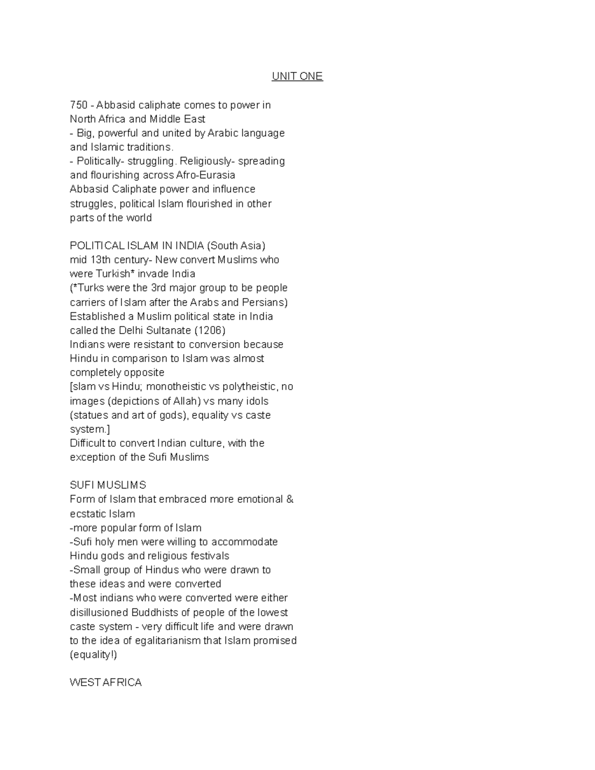 World History Notes - Abc - UNIT ONE 750 - Abbasid caliphate comes to ...