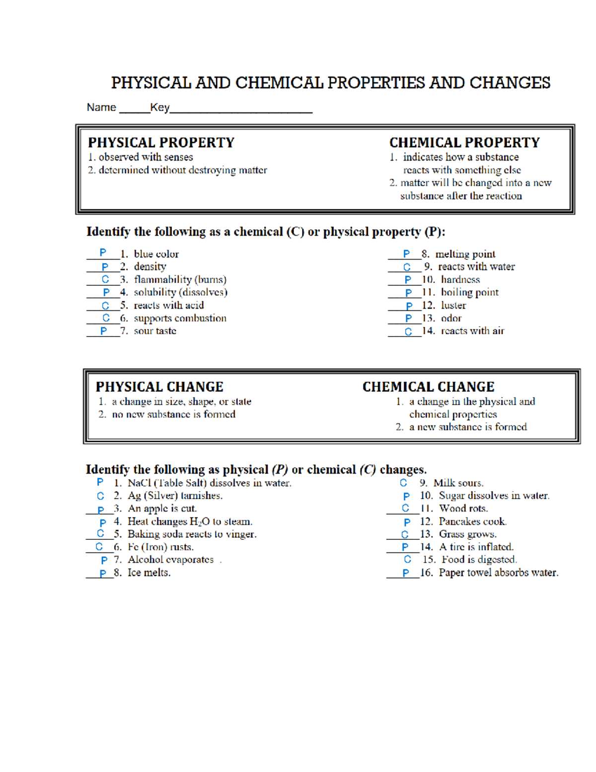 1 2b H Physical Vs Chemical Properties Change Worksheet SCH3ub StuDocu