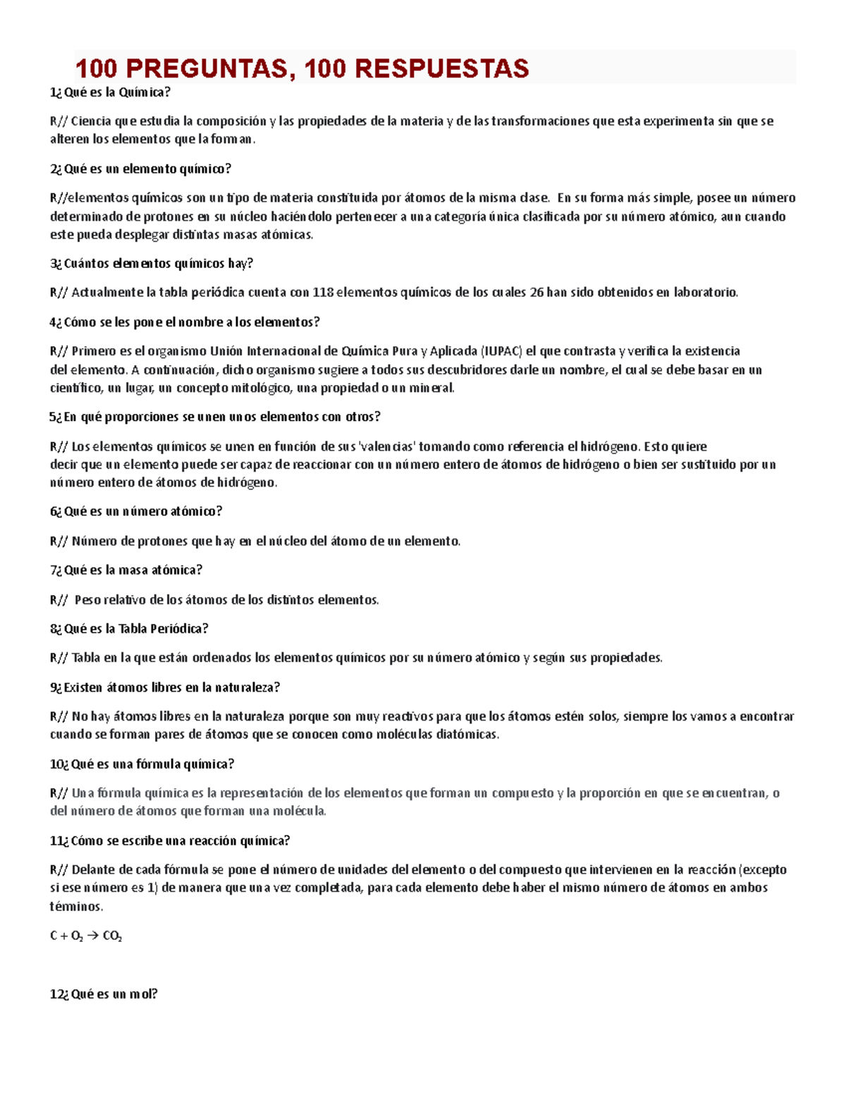 100 Preguntas DE Quimica Proceso De Laboratotio - 100 PREGUNTAS, 100 ...