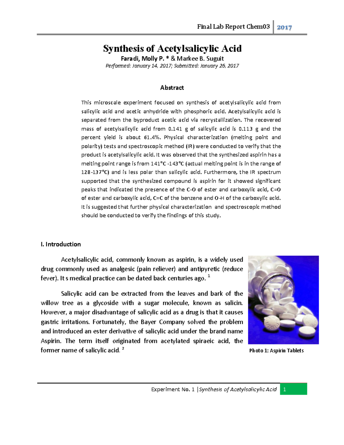 Sample lab report Org Chem Synthesis of Acetylsalicylic Acid **Faradi