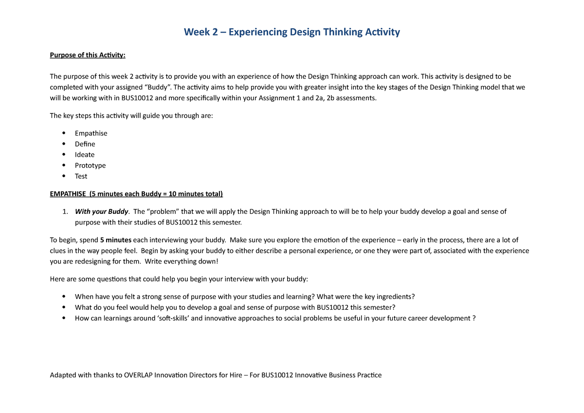 Design Thinking Reflections Activity - Purpose of this Activity: The ...