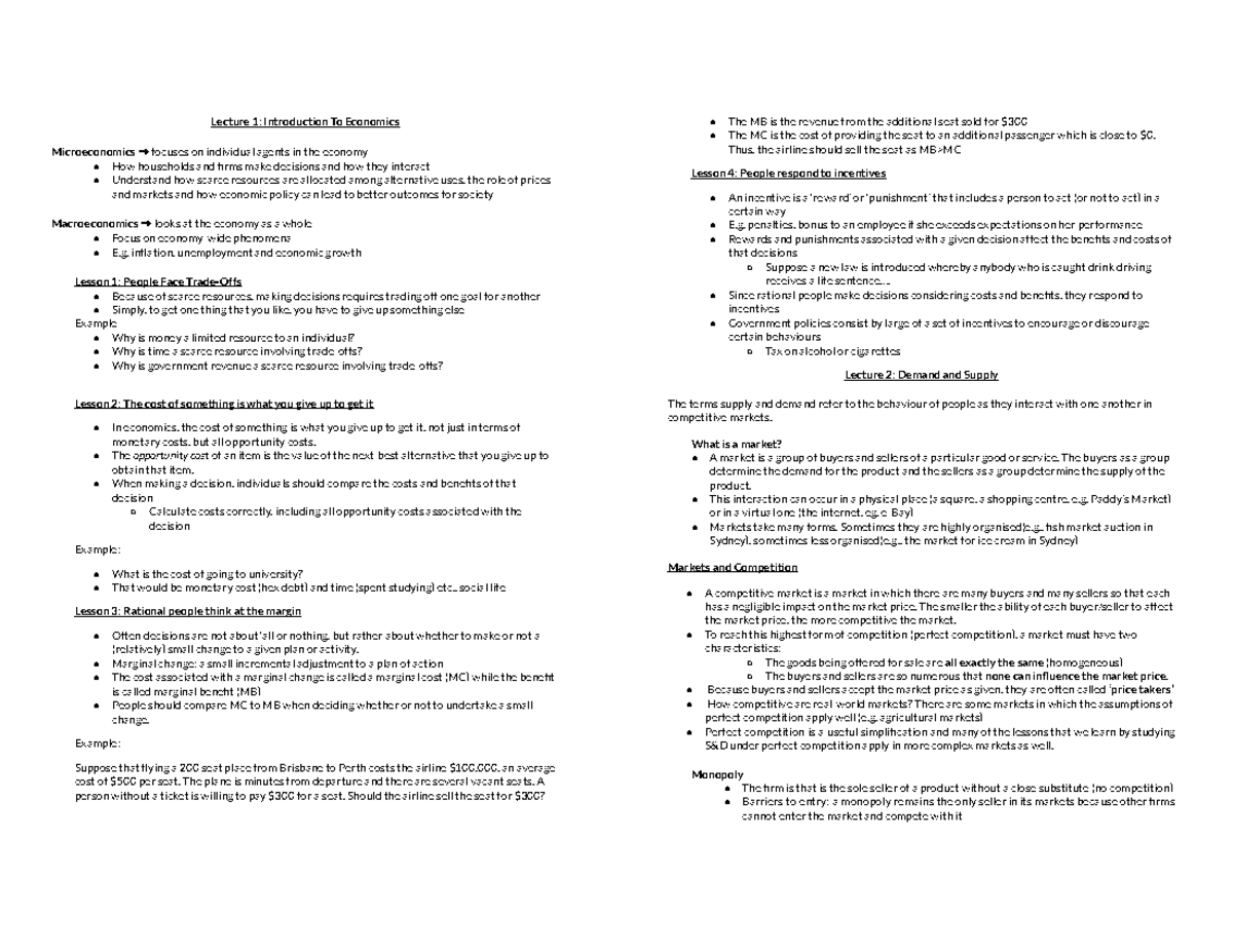 Microeconomics Notes 2 - Lecture 1: Introduction To Economics ...