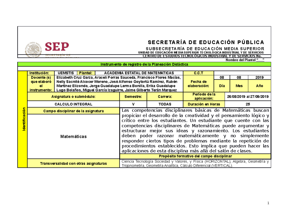 ECA 1 CALC Integral 2019 - Instrumento de registro de la Planeación  Didáctica Identificación - Studocu