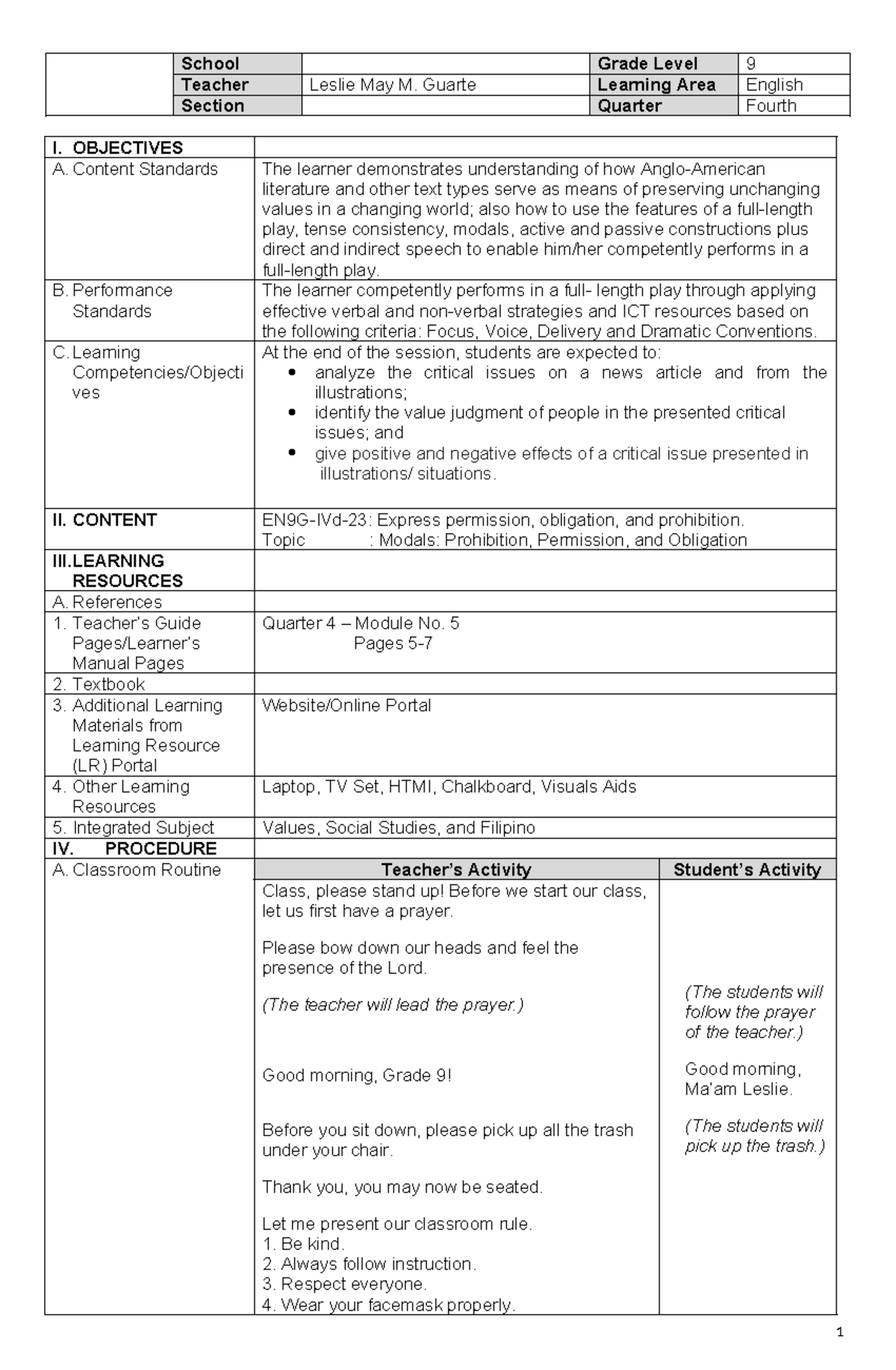 Modified Lesson Plan English 9 - School Grade Level 9 Teacher Leslie ...