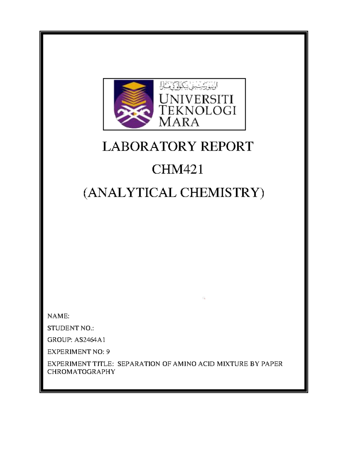 CHM421- Experiment 9 Separation OF Amino ACID Mixture BY Paper ...
