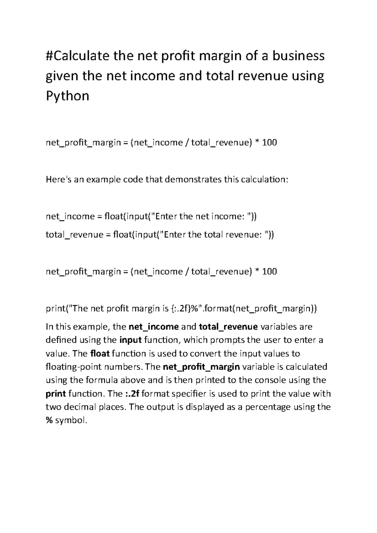 Net income and total revenue - Python - #Calculate the net profit ...