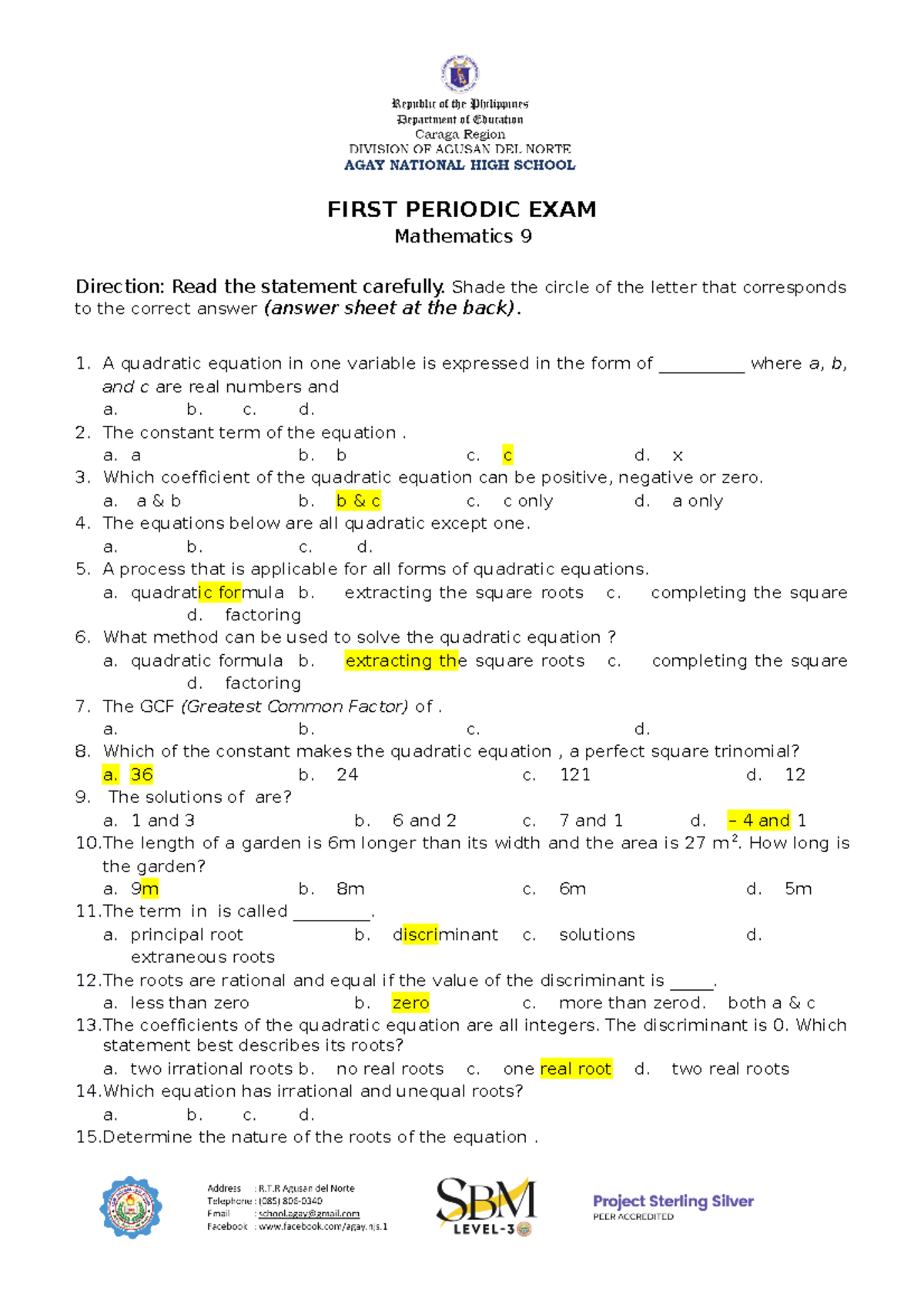 grade 9 math 1st quarter exam with tos