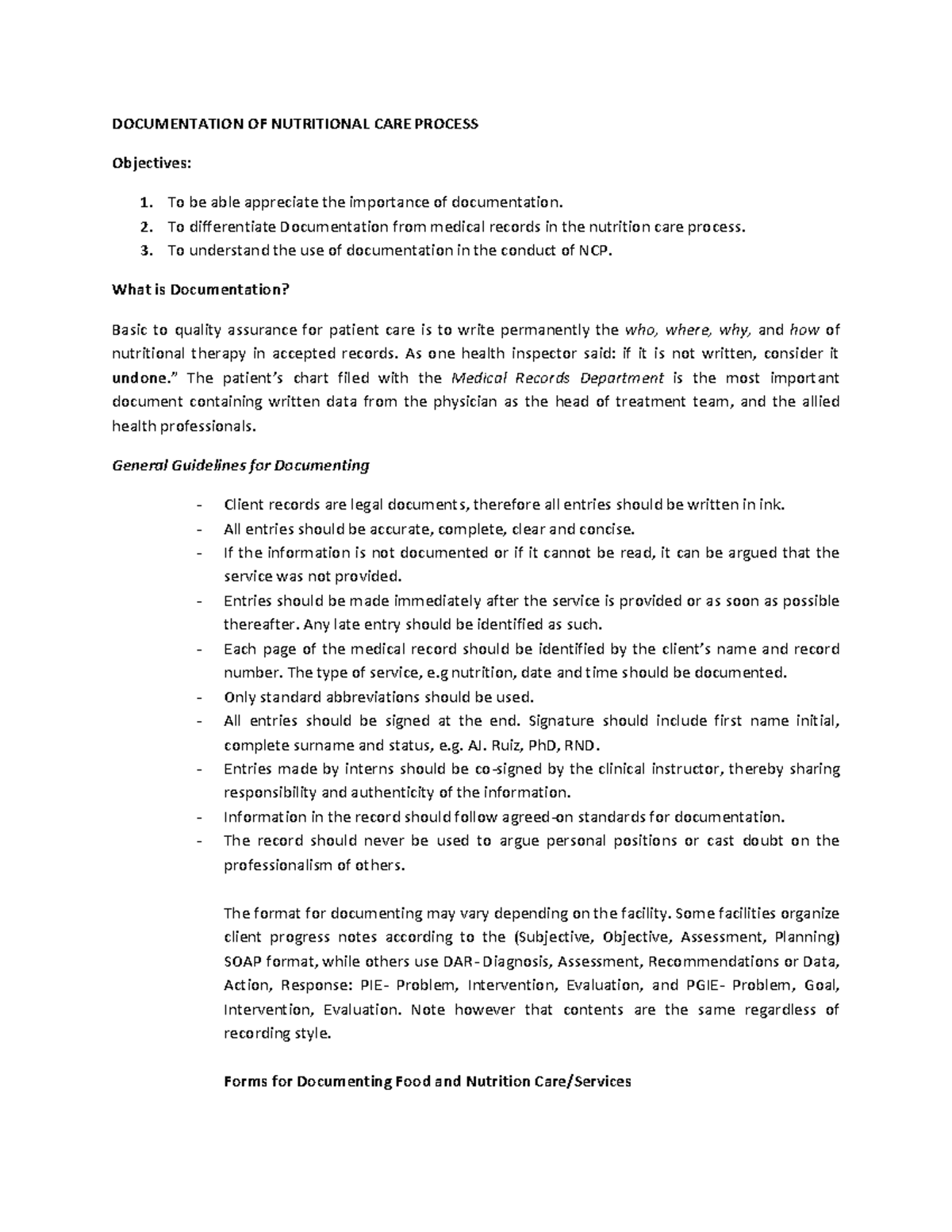 Documentation OF Nutritional CARE Process DOCUMENTATION OF