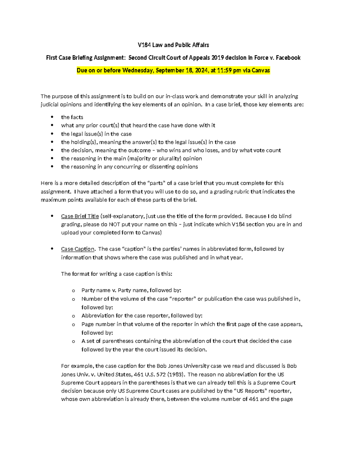 V184 First Case Briefing Assignment - V184 Law and Public Affairs First ...