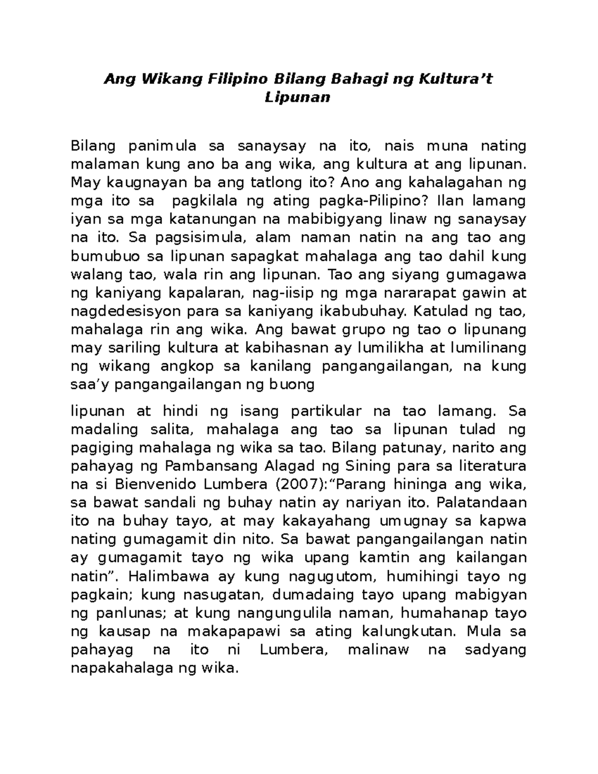 Ang Wikang Filipino Bilang Bahagi Ng Kultura - Ang Wikang Filipino ...