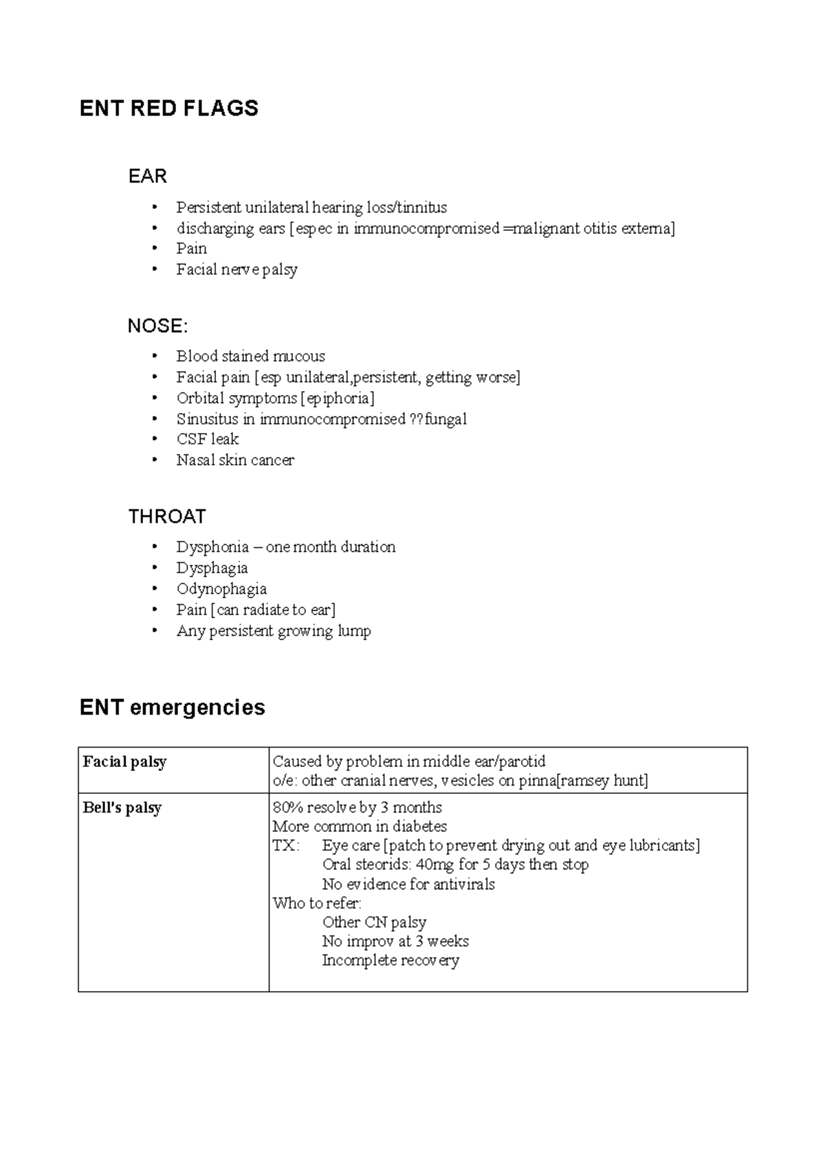 ENT notes for exams ENT RED FLAGS EAR Persistent unilateral hearing