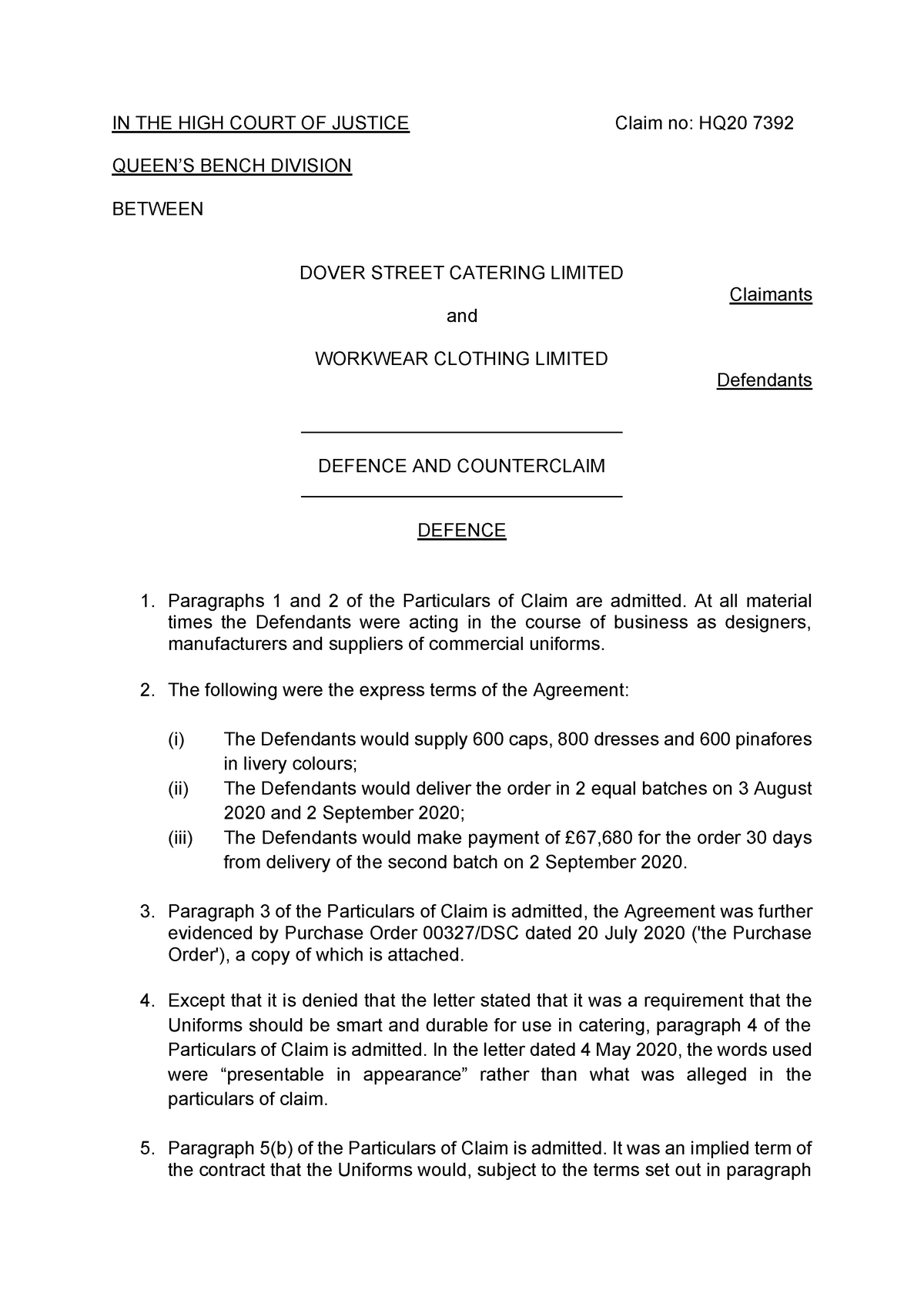 Dover Street v Workwear- Defence and counterclaim-contract - IN THE ...