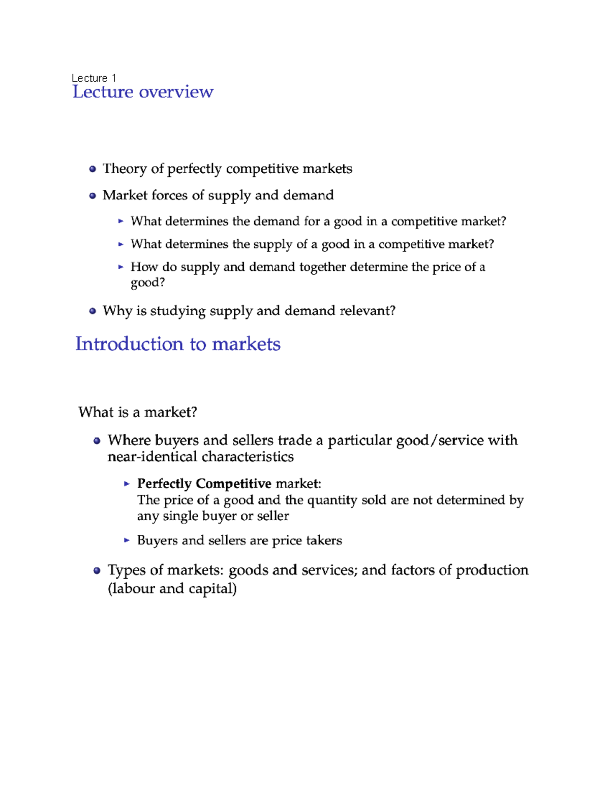 2 - Supply and Demand - Lecture 1 Lecture overview Theory of perfectly ...