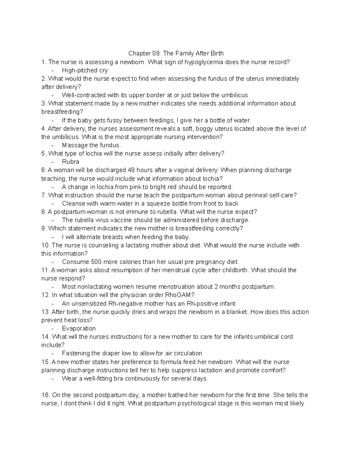CH 9 OB Quiz Practice Questions Chapter 09 The Family After Birth