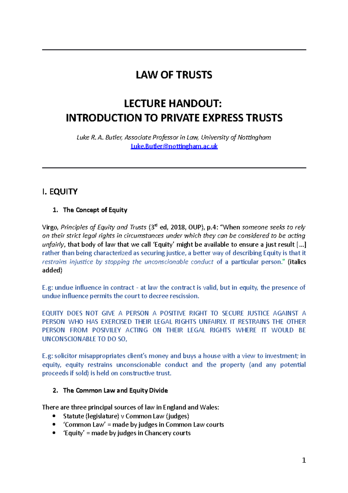 I. Equity Handout - Lecture notes - LAW OF TRUSTS LECTURE HANDOUT ...