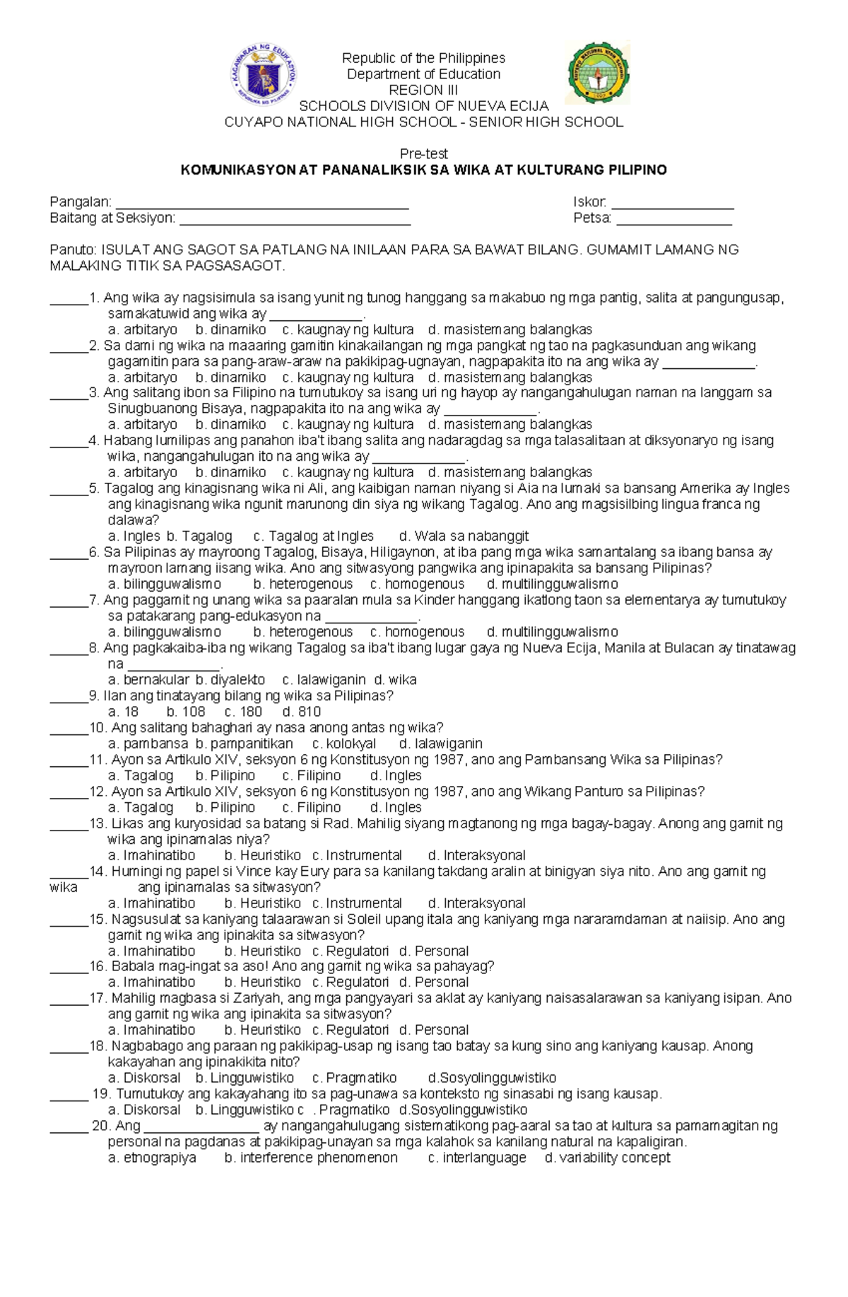 PRE-TEST - reviewer - Republic of the Philippines Department of ...