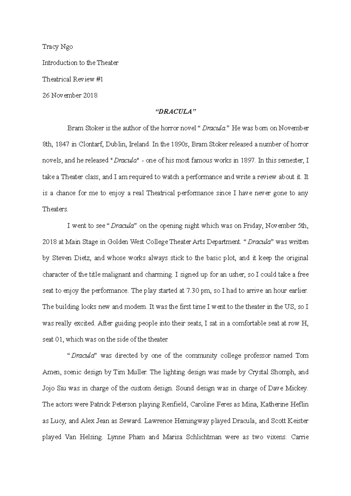 Theatrical review #1 - Tracy Ngo Introduction to the Theater Theatrical ...