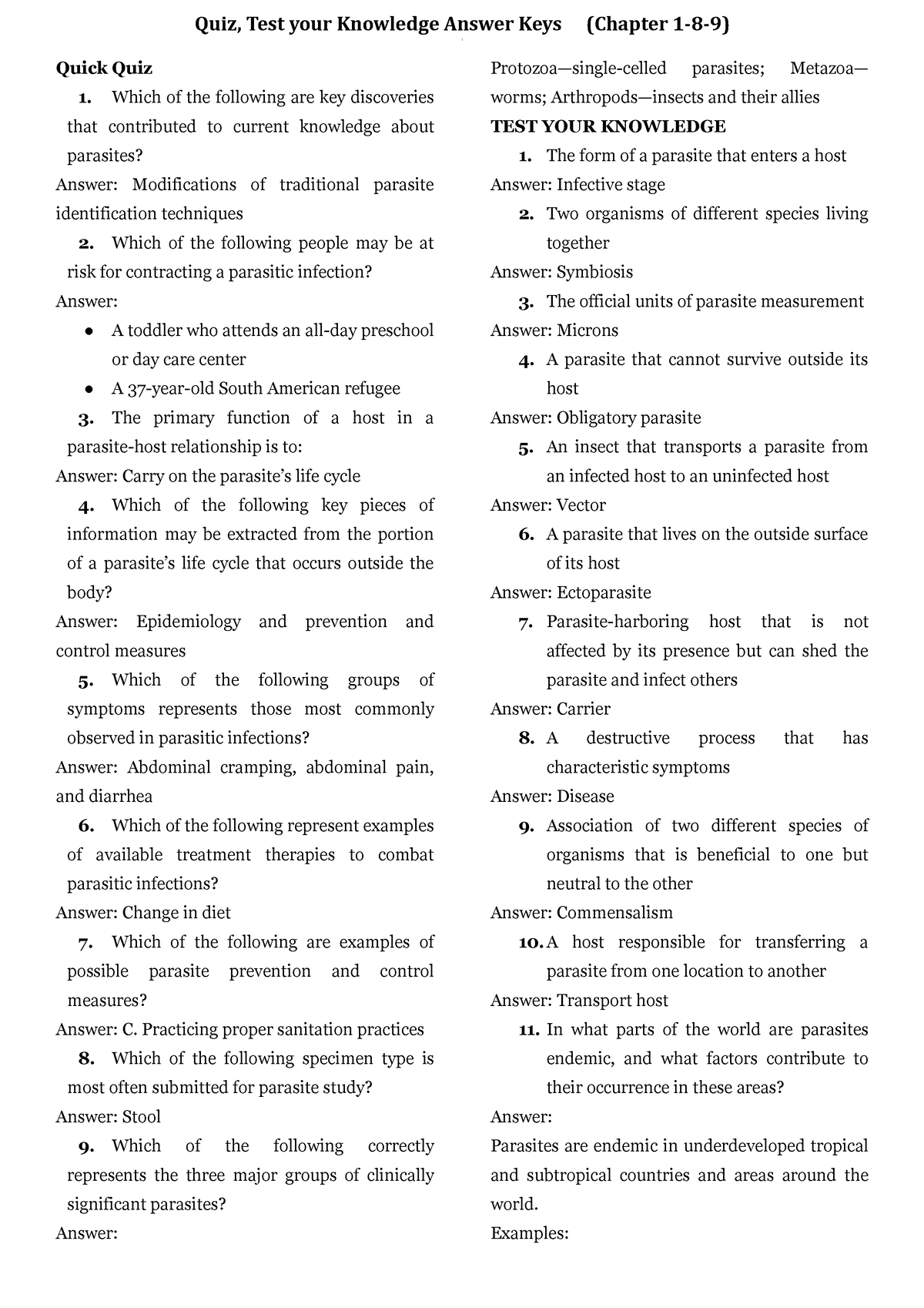 Zeibig Quickquiz - Practice questions for parasitology - Quick Quiz 1 ...