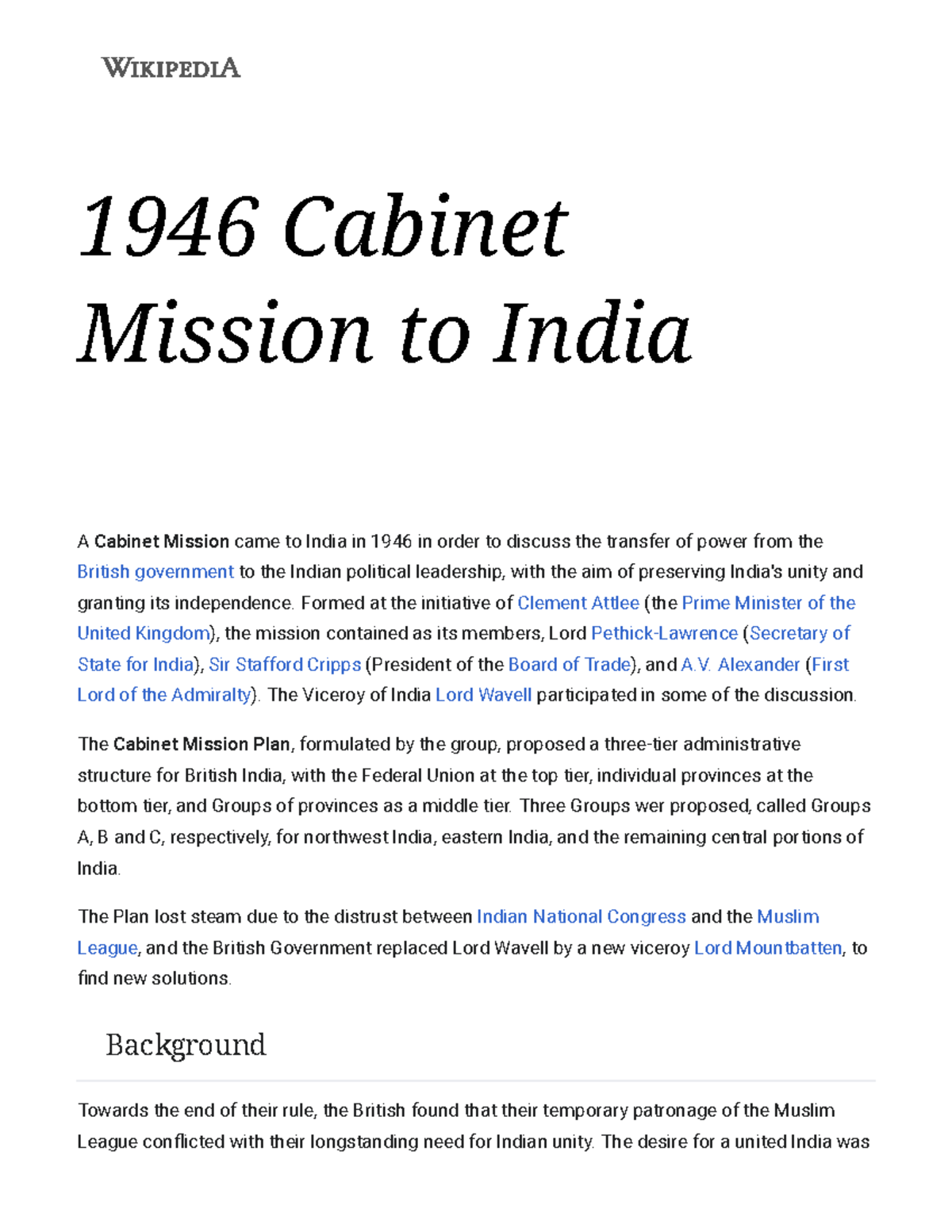 1946 Cabinet Mission To India Wikipedia 1946 Cabinet Mission To 