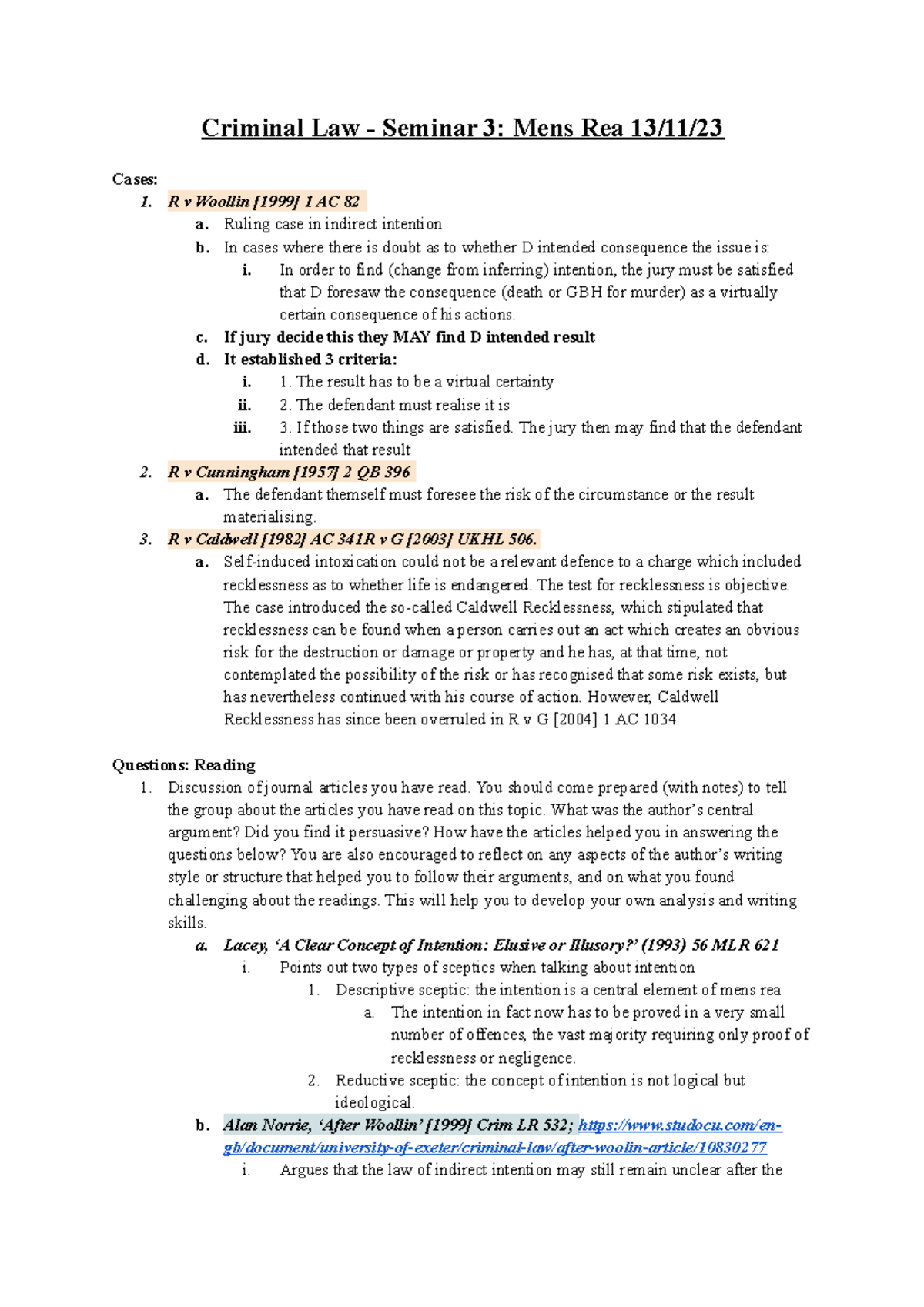 S3 Mens Rea 13 11 23 - seminar notes on mens reea - Criminal Law ...