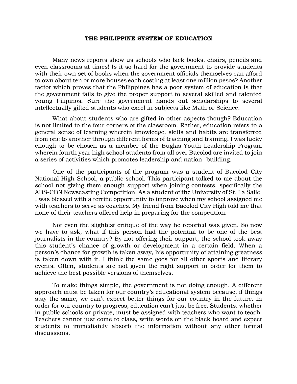 position paper sample philippines education