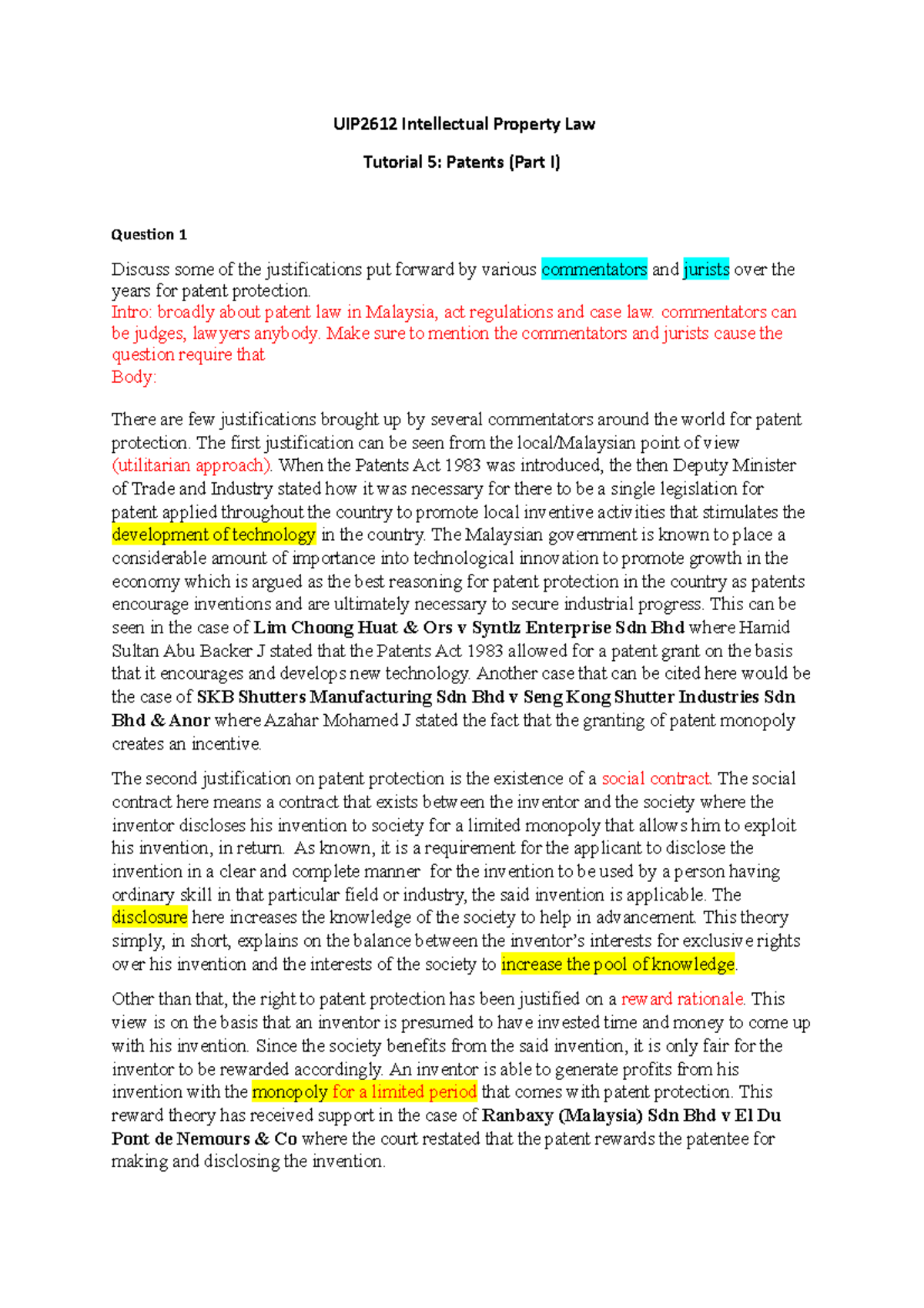 Tutorial 5 (Q&A) - UIP2612 Intellectual Property Law Tutorial 5 ...