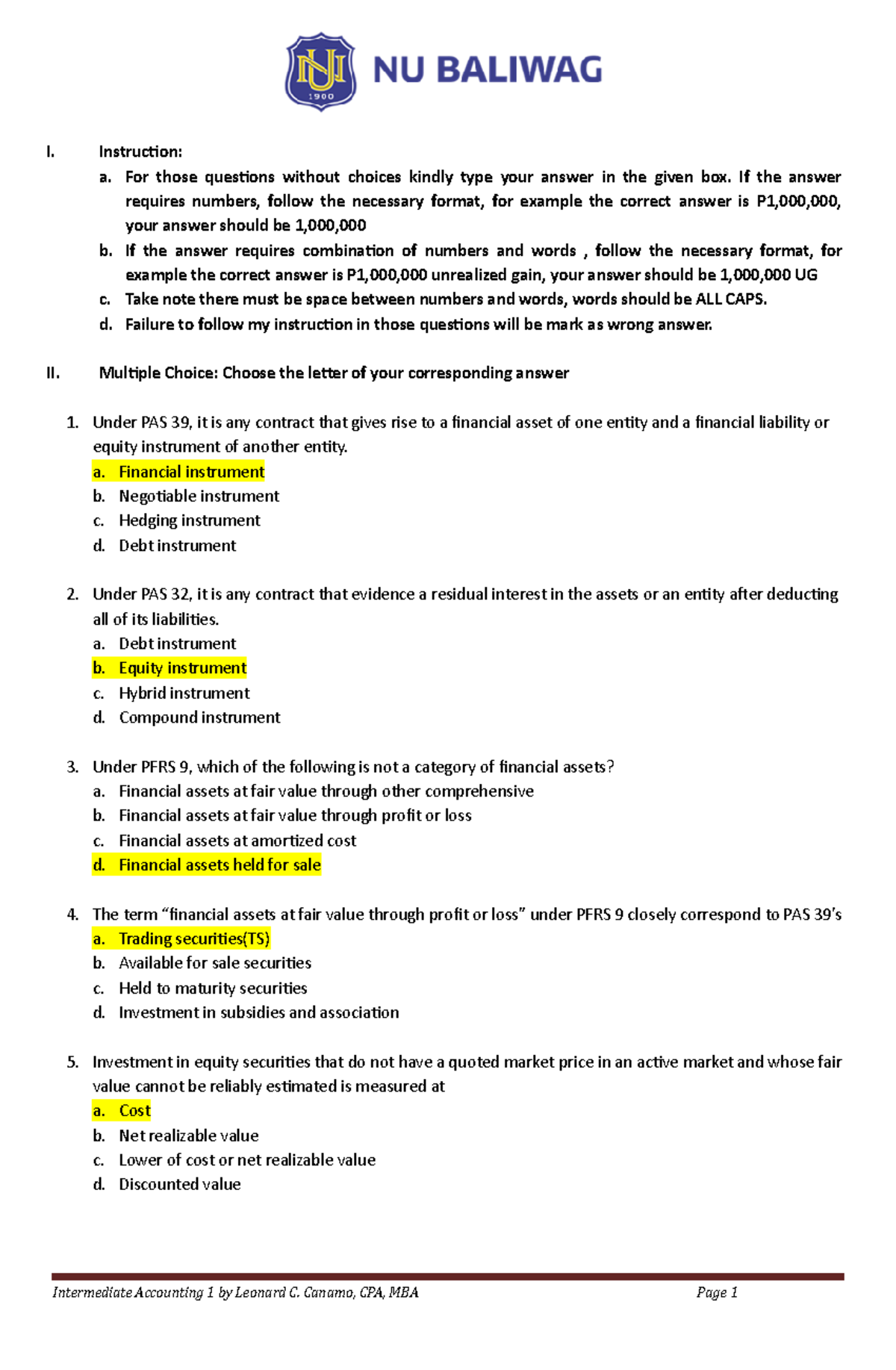 Assessment No. 1-Midterm - Exam Sheet - I. Instruction: a. For those ...