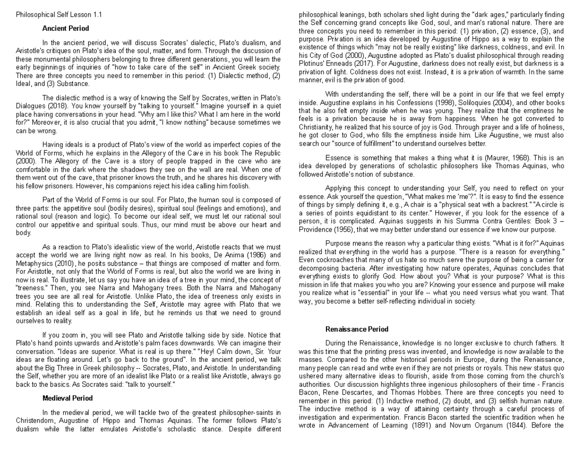 Philosophical Self Lesson 1 Ancient Period In the ancient period, we