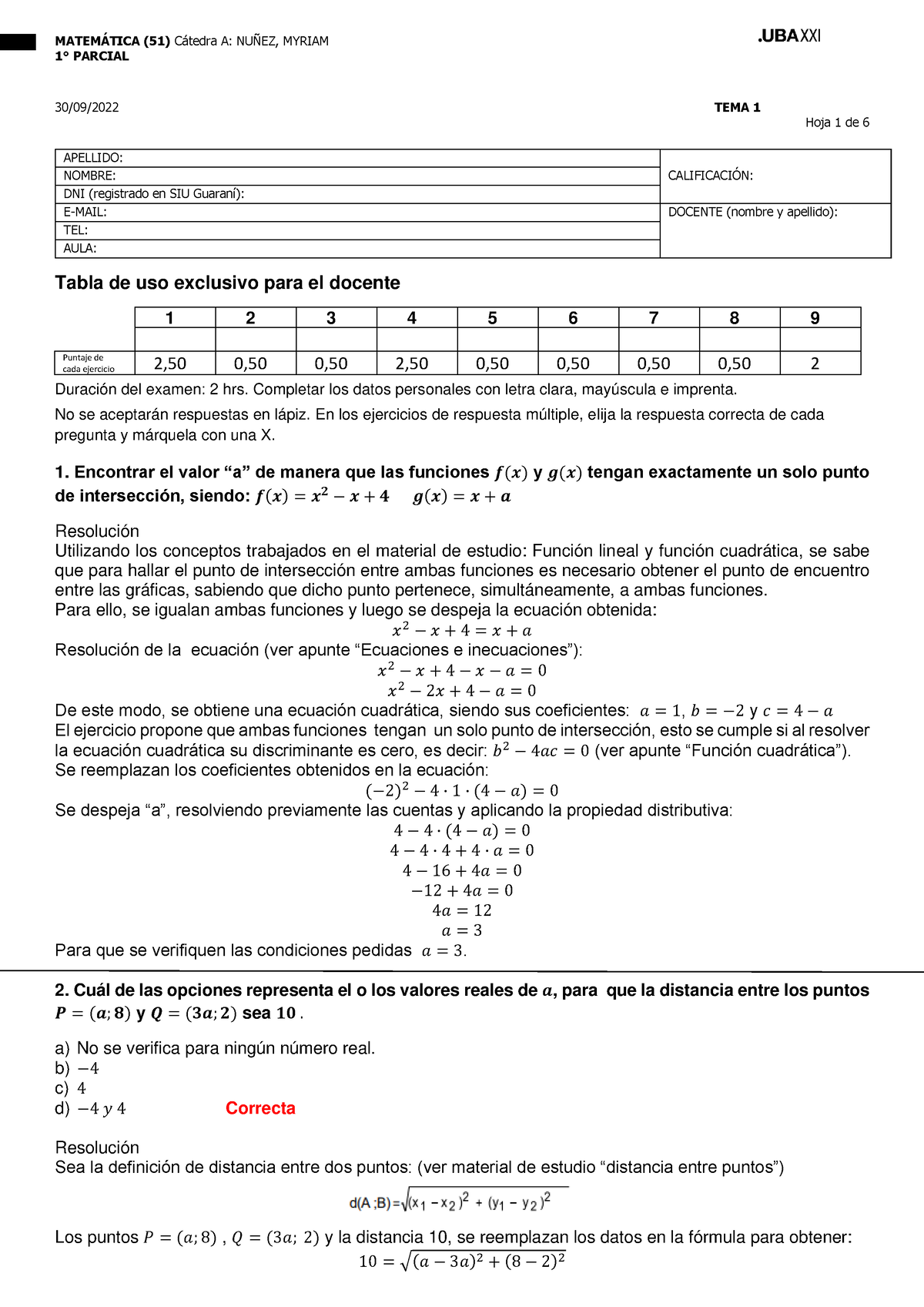 Respuestas Primer Parcial TEMA 1 Matematica Primer Turno 30-09-2022 ...