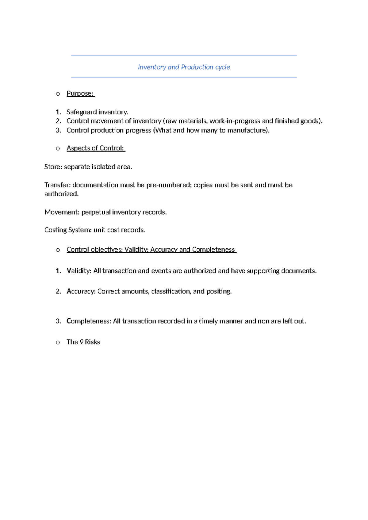 Inventory and Production cycle - Control movement of inventory (raw ...